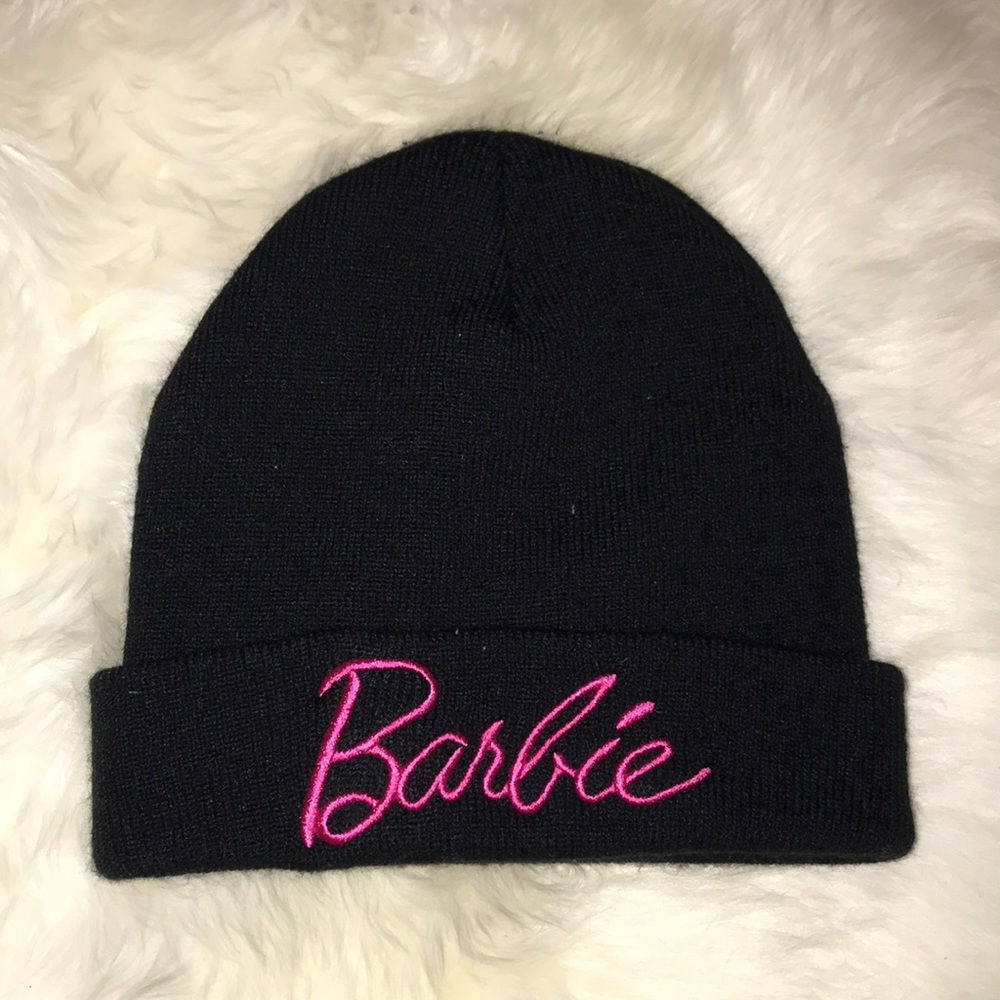 Black beanie with pink Barbie lettering